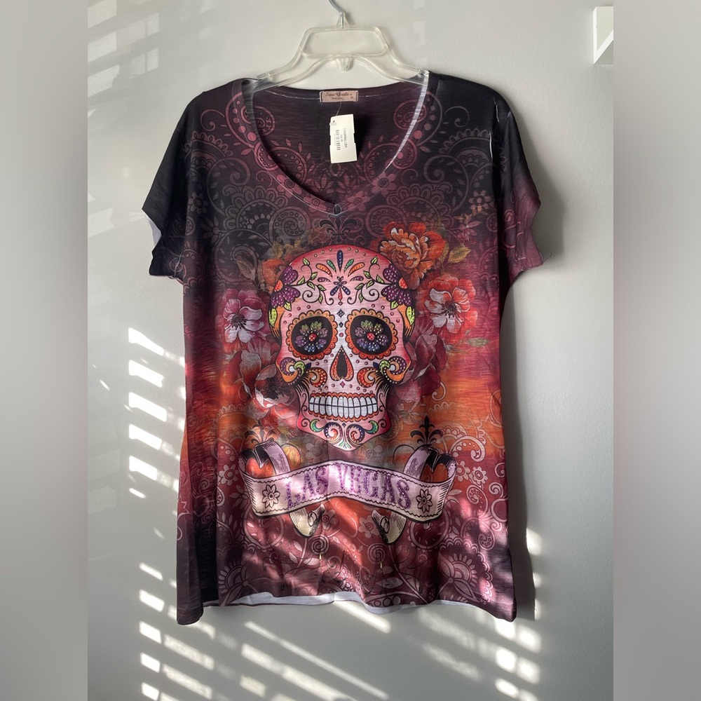 Embellished sugar skull Las Vegas shirt XL